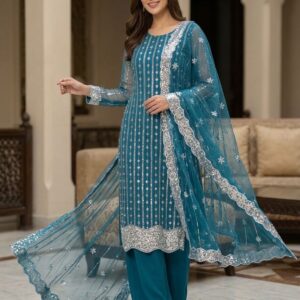 Sky Blue Serene Embroidered Net Party Wear – Premium 3 Piece Ensemble