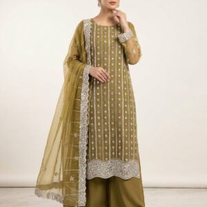 Stunning Olive Net Dress with Sequence & Thread Work – 3 Piece Festive Wear