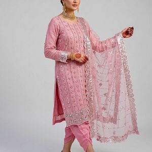 Lavender Pink Floral Embroidered Net Party Wear – Premium 3 Piece Ensemble