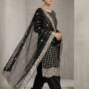 Midnight Black Intricate Embroidered Net Party Wear – Premium 3 Piece Ensemble