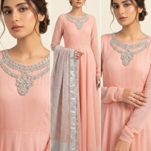 Soft Peach Floral Embroidered Net Party Wear – Premium 3 Piece Ensemble