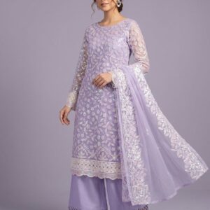 Ethereal Light Purple Embroidered Net Party Wear – Premium 3 Piece Ensemble