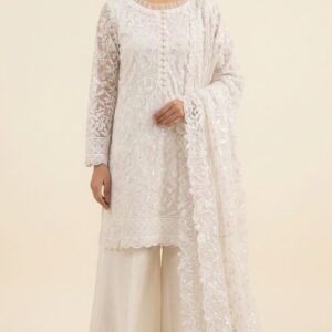 Ivory Off-White Embroidered Net Party Wear – Premium 3 Piece Ensemble