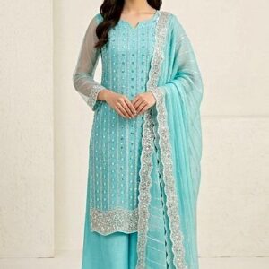 Serene Light Blue Embroidered Net Party Wear – Premium 3 Piece Ensemble