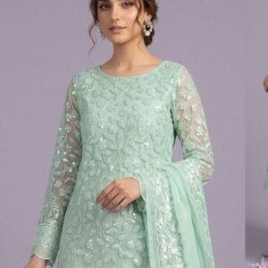 Mint Light Green Intricate Embroidered Net Party Wear – Premium 3 Piece Ensemble
