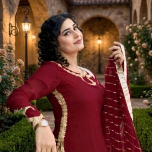 Maroon Chiffon With Golden Lace Detailing