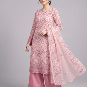 Luxurious Dusty Rose Net Embroidery Ensemble – 3 Piece Party Collection