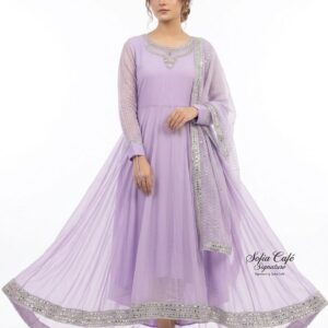 Soft Lavender Silver-Embellished Flowy Anarkali – Premium 3 Piece Ensemble